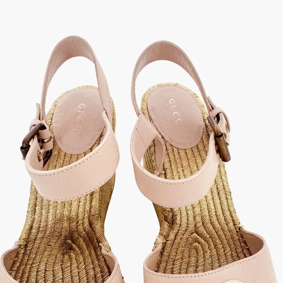 Gucci Flor GG Espadrille Wedge Sandals EU 39.5 US 9.5 Pink Gold Platform Heel - Picture 4 of 11